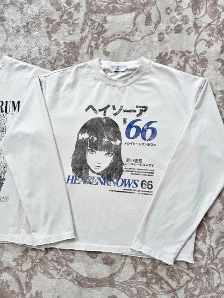 Long Sleeve T-Shirts Vintage Letter Print Japanese Harajuku Women Clothing Y2k Grunge Tops Loose Casual Tees Streetwear Female