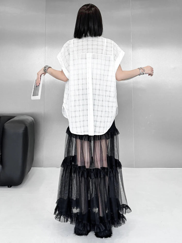 Women White Pocket Tassels Perspective Big Size Blouse New Lapel Short Sleeve Shirt Fashion Spring Summer 2025 1DJ1680