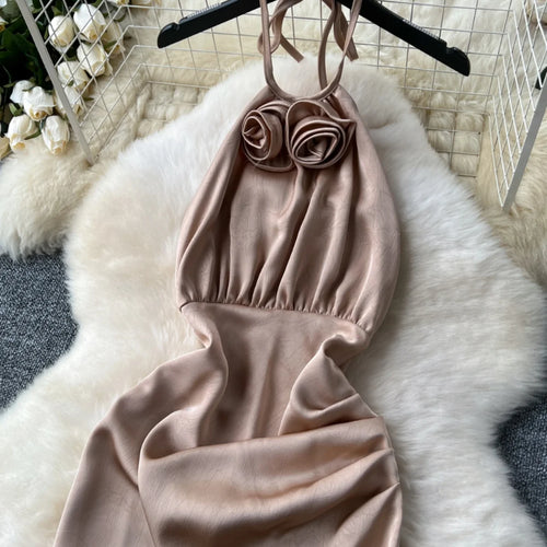 Load image into Gallery viewer, New Summer Women Khaki Sexy Backless Evening Party Halter Lace-up Dress Retro Elegant Sleeveless Slim Prom Pleated Dress Fashion
