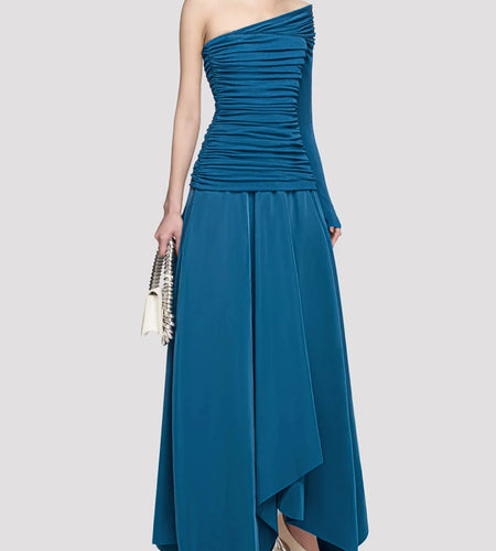 Solid Spliced Folds Irregular Dresses for Women Diagonal Collar One Shoulder High Waist Long Dress Female Clothing