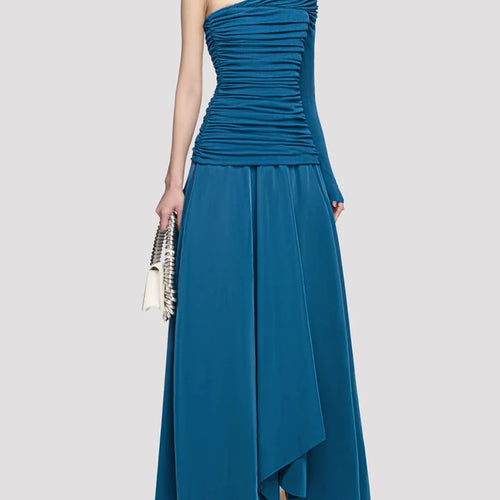 Load image into Gallery viewer, Solid Spliced Folds Irregular Dresses for Women Diagonal Collar One Shoulder High Waist Long Dress Female Clothing
