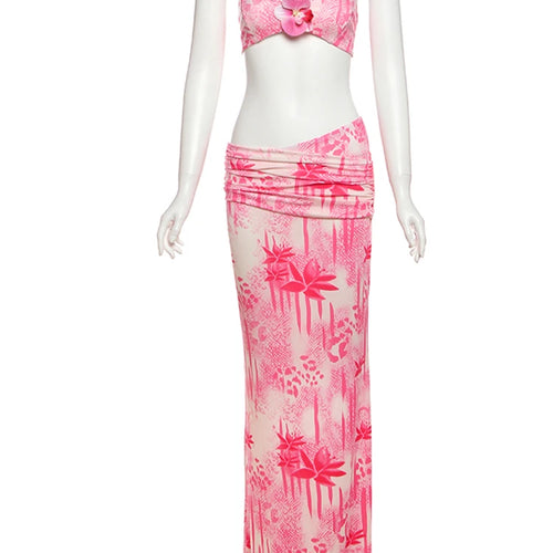 Load image into Gallery viewer, Vacation Fashion Patchwork 2 Piece Set Women Pearls Necklace Halter Applique Crop Tops+Skinny Skirts Beach Style Suit
