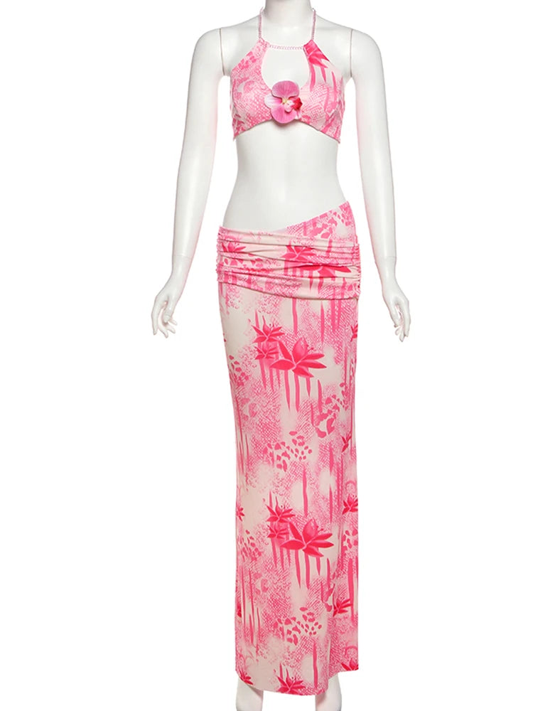 Vacation Fashion Patchwork 2 Piece Set Women Pearls Necklace Halter Applique Crop Tops+Skinny Skirts Beach Style Suit