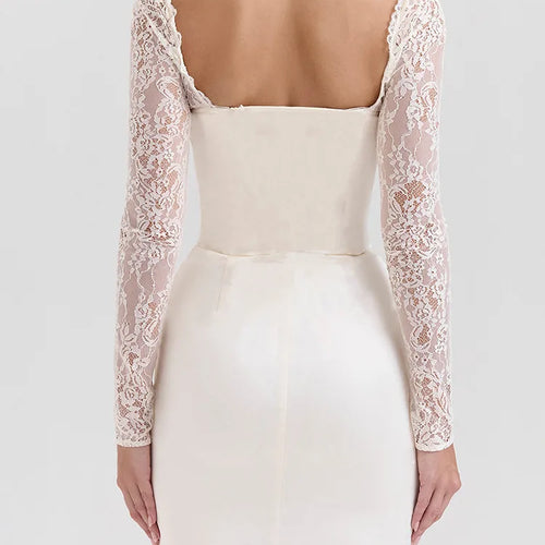 Load image into Gallery viewer, Elegant Lace Patchwork Body Party Club Evening Dress Women Winter Long Sleeve Satin Sexy Bareback Slimming Vestido 2025
