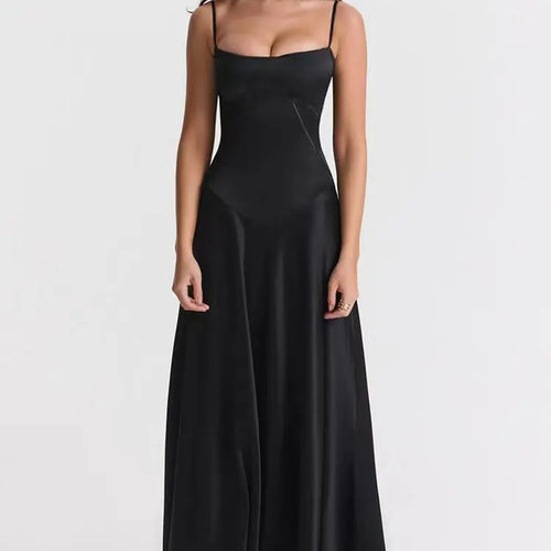 Load image into Gallery viewer, Lace-up Satin Maxi Slipdress Women Black Spaghetti Strap Sleeveless Backless Maxi Dress Femme Club Party Evening Dress

