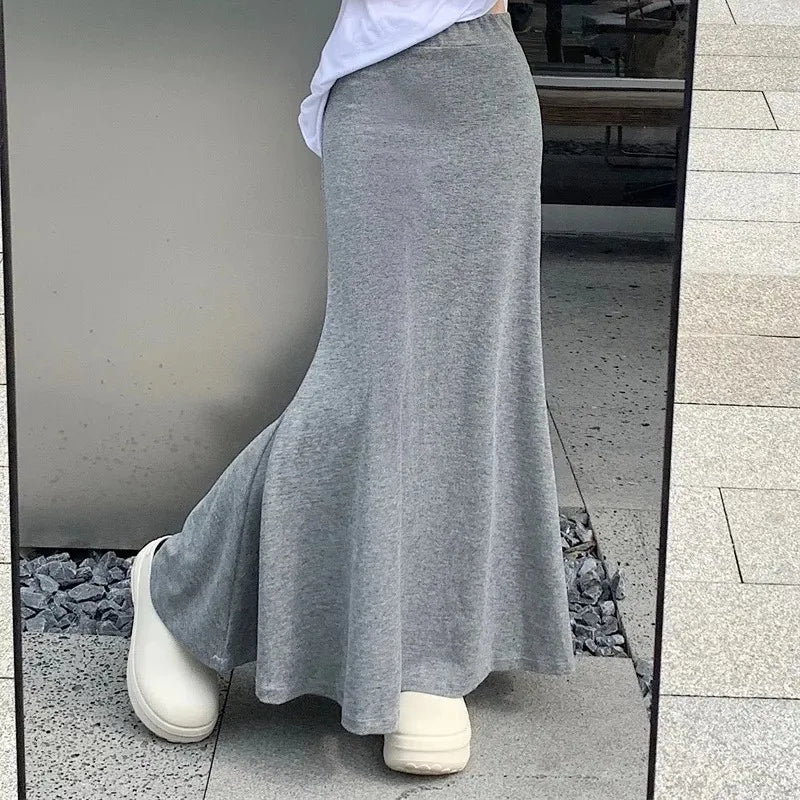 Spring Summer Korean Fashion Black Slim Vacation Long Skirt Women Grey High Waist Elegant Pleated Fishtail Skirt Simplicity Chic