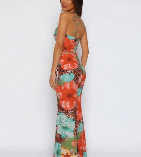 Leopard Print Sexy 2 Piece Sets Women Summer Fashion Lace-up Halter Crop Tops And Maxi Skirt Female Party Two Piece Set