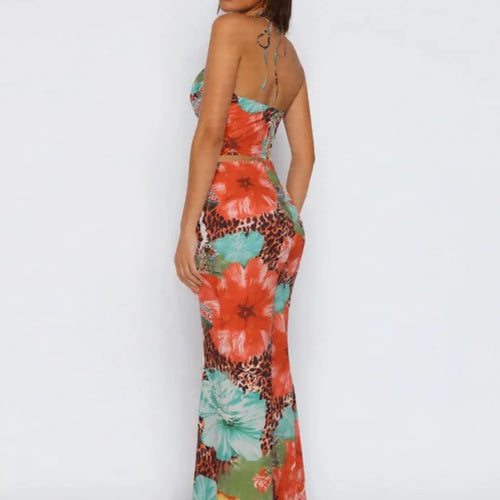 Load image into Gallery viewer, Leopard Print Sexy 2 Piece Sets Women Summer Fashion Lace-up Halter Crop Tops And Maxi Skirt Female Party Two Piece Set
