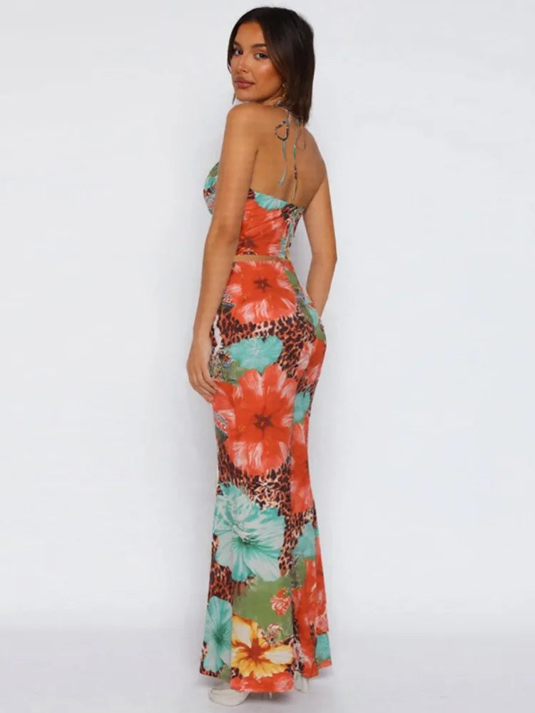 Leopard Print Sexy 2 Piece Sets Women Summer Fashion Lace-up Halter Crop Tops And Maxi Skirt Female Party Two Piece Set