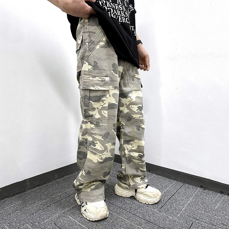 Men's Cargo Pants New American Style Multi Pockets Designed Loose Straight Wide Leg Trendy Casual Male Trousers 9W1781
