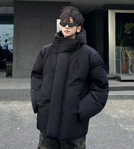 Cotton Padded Jacket Men's Korean Style Trendy Winter Warm Hooded Versatile New Trendy Solid Color Jackets Black 9C9254