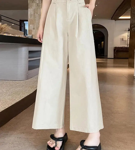 Korean Women Black Beige Brown Baggy High Waist Loose Wide Leg Ankle-length Pants Spring And Summer Streetwear Casual Simplicity