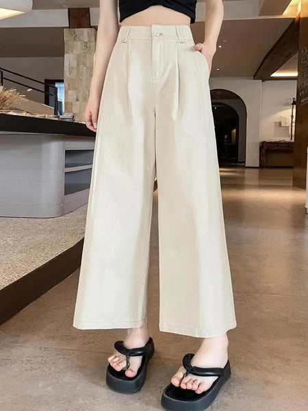 Korean Women Black Beige Brown Baggy High Waist Loose Wide Leg Ankle-length Pants Spring And Summer Streetwear Casual Simplicity
