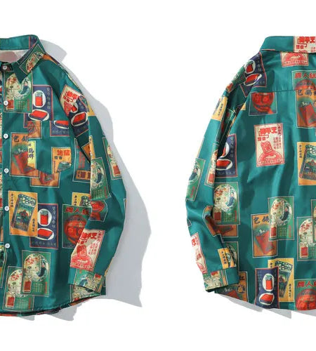 Hawaiian Beach Shirts Harajuku Vintage Poster Print Long Sleeve Aloha Party Holiday Shirt Mens Casual Button Down Tops