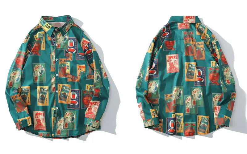 Hawaiian Beach Shirts Harajuku Vintage Poster Print Long Sleeve Aloha Party Holiday Shirt Mens Casual Button Down Tops