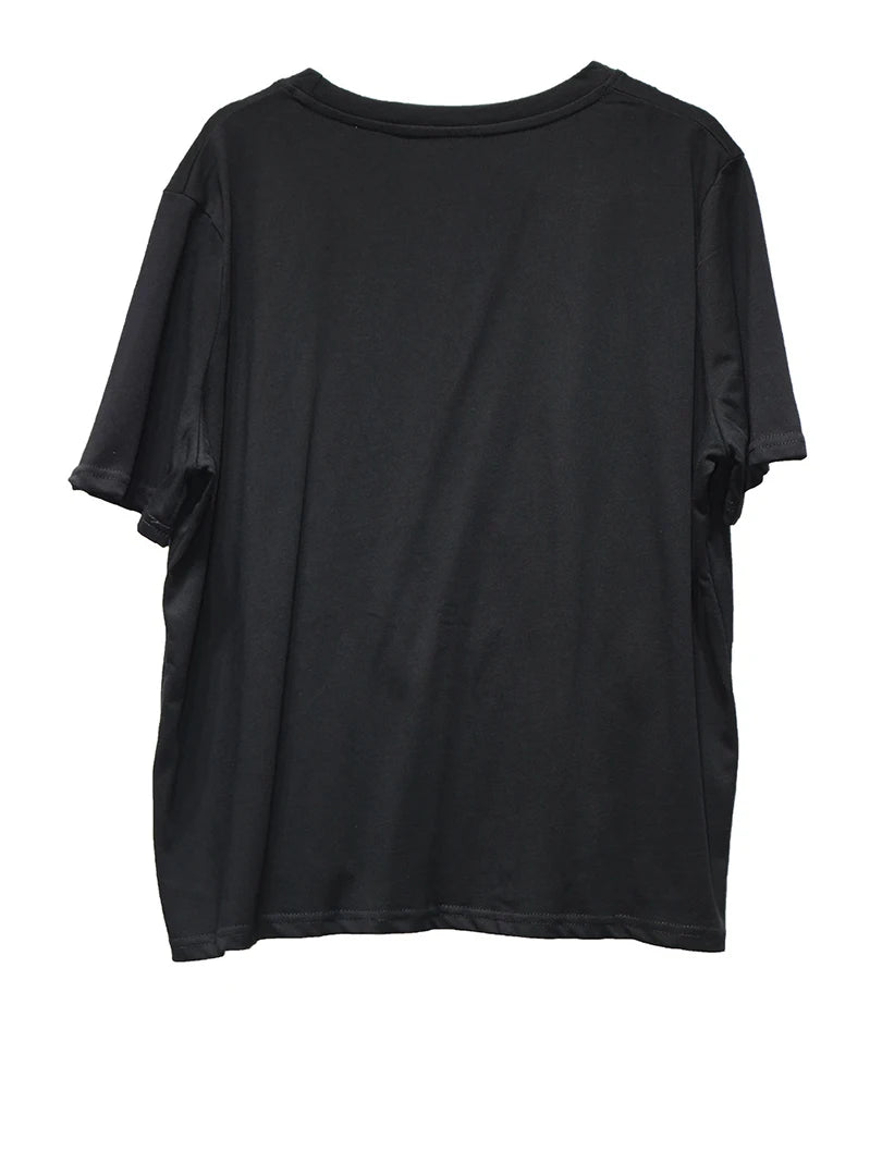 Women Black White Pleated Big Size Casual T-shirt New Round Neck Short Sleeve Fashion Tide Spring Summer 2025 1DJ1611