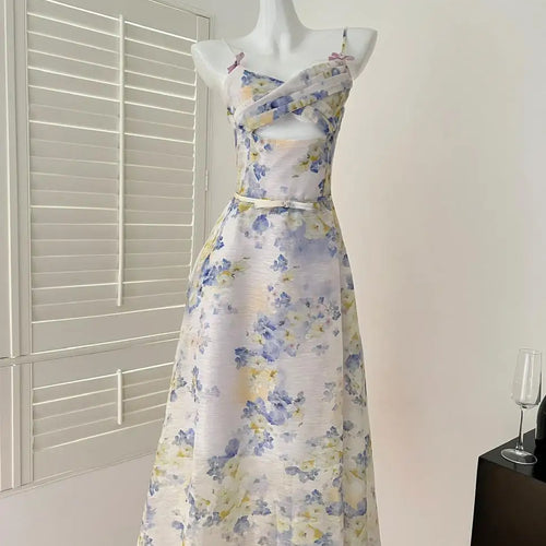 Load image into Gallery viewer, Summer Vintage Blue Pink Floral Hollow Out Party Long Dress For Women V Neck Elegant Vacation Backless Dresses 2025 Bohemian New
