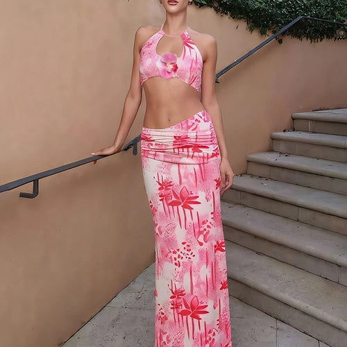 Load image into Gallery viewer, Vacation Fashion Patchwork 2 Piece Set Women Pearls Necklace Halter Applique Crop Tops+Skinny Skirts Beach Style Suit
