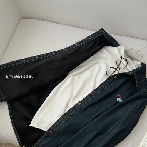 Load image into Gallery viewer, Korean Fashion Blue Velvet Embroidered Puppy Denim Shirt Women Long Sleeve Blouses Vintage Single Breasted Tops Autumn Winter
