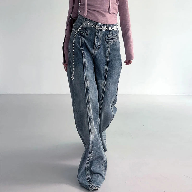 Streetwear Vintage Stitching Baggy Jeans for Women Harajuku Distressed Wide Leg Trousers Denim Basic Preppy Style New