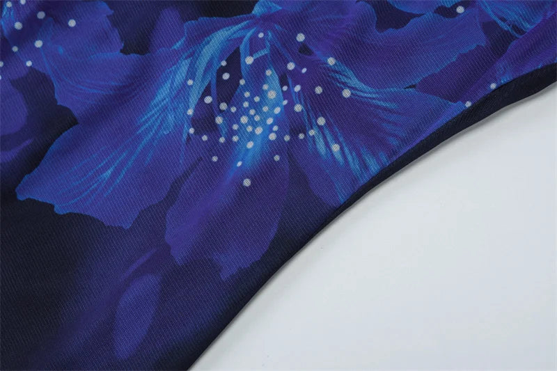 Deep V Neck Print Sexy Maxi Dress Women Gown Blue Halter Sleeveless Backless High Waist Split Long Dress Clubwear