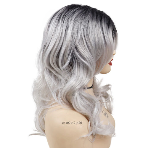 Load image into Gallery viewer, Synthetic Fiber Long Wavy Wigs for White Women Gradient Color Black Roots Silver Grey Wigs with Side Bangs Curly Hair Wig Mother
