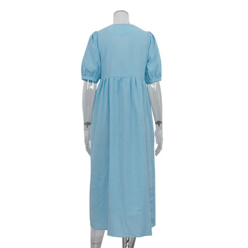 Load image into Gallery viewer, Short Puff Sleeve Maxi Dress For Women Fashion Autumn New Blue V Neck Loose Basic Casual Long Dress Elegant Gown
