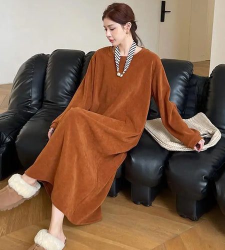 Autumn Winter Round Neck Vacation Knit Dress Korean Fashion Women's Loose Long Sleeved Sweatshirt Dress Ladies Casual Simplicity