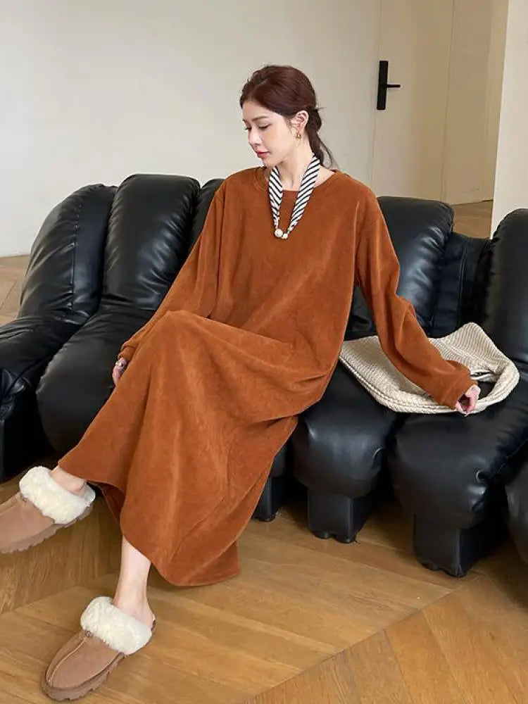 Autumn Winter Round Neck Vacation Knit Dress Korean Fashion Women's Loose Long Sleeved Sweatshirt Dress Ladies Casual Simplicity