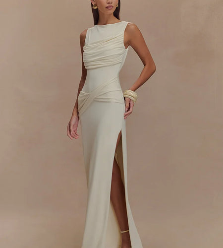 Backless Ruched Sexy Maxi Tank Dress Women Gown Summer New O Neck Thigh High Split Bodycon Elegant Long Dress Fashion