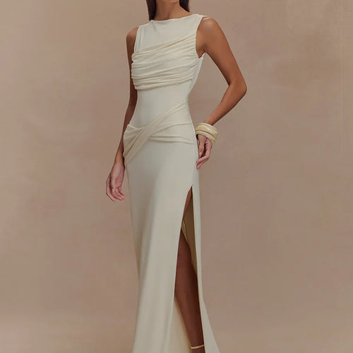 Load image into Gallery viewer, Backless Ruched Sexy Maxi Tank Dress Women Gown Summer New O Neck Thigh High Split Bodycon Elegant Long Dress Fashion
