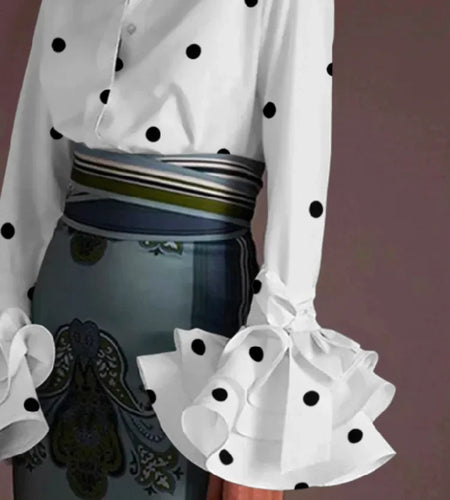 Women's Classic Polka Dot Blouse 2024 Autumn Flared Sleeves Falbala Lapel Spring Casual Office Shirts Tops For Ladies