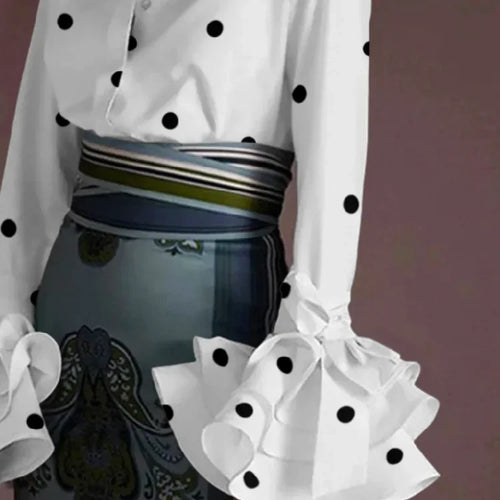 Load image into Gallery viewer, Women&#39;s Classic Polka Dot Blouse 2024 Autumn Flared Sleeves Falbala Lapel Spring Casual Office Shirts Tops For Ladies
