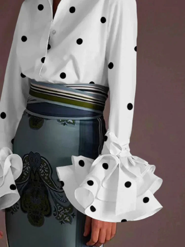 Women's Classic Polka Dot Blouse 2024 Autumn Flared Sleeves Falbala Lapel Spring Casual Office Shirts Tops For Ladies
