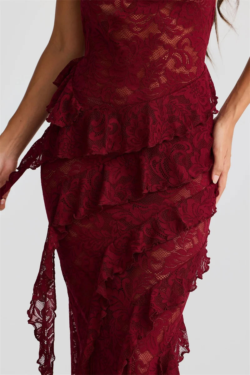 Lace Backless Sexy Maxi Dress Women Gown Halter Lace-up Sleeveless Bodycon Elegant Ruffle Beach Club Long Dress 2025