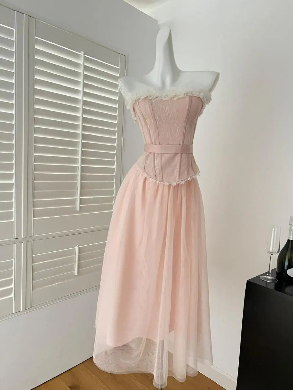 Summer Women French Vintage Pink Patchwork Lace Sexy Backless Strapless Short Tops High Waist Long Mesh Skirt 2025 Two-piece Set
