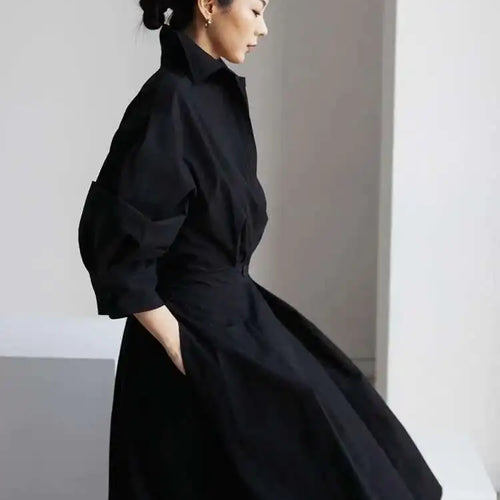 Load image into Gallery viewer, Women Beige Pleated Long Big Size Elegant Dress New Lapel Long Sleeve Loose Fit Fashion Tide Spring Autumn 2025 1DE91400
