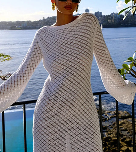 Backless Long Sleeve Knit Mini Dress For Women Fashion Elegant Spring Summer See Through Beach Holiday Dress Beachwear