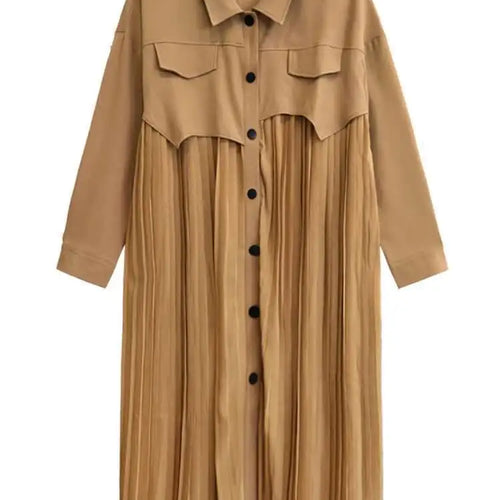 Load image into Gallery viewer, Women Army Green Pleated Spliced Big Size Midi Shirt Dress New Lapel Long Sleeve Fashion Tide Spring Autumn 2025 1DH6927
