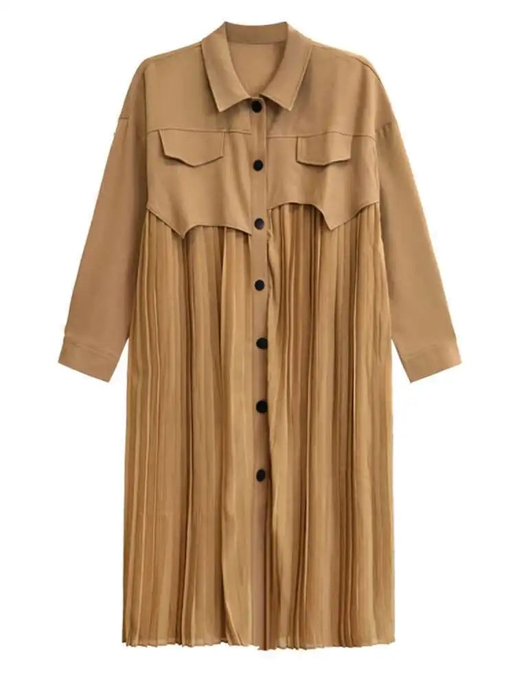Women Army Green Pleated Spliced Big Size Midi Shirt Dress New Lapel Long Sleeve Fashion Tide Spring Autumn 2025 1DH6927