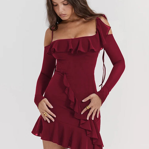 Load image into Gallery viewer, Sexy Strap One Line Neck Double Layer Long Sleeve Dress Women's Slim Fit Ruffles Irregular Mini Dress Sweet Party Club

