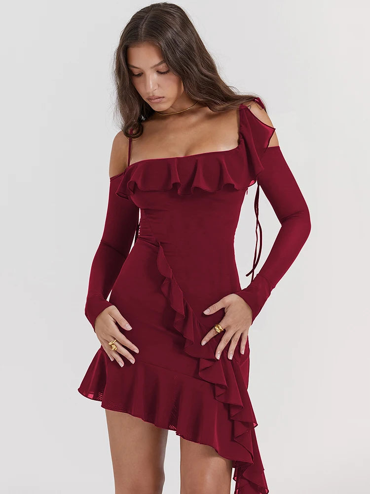 Sexy Strap One Line Neck Double Layer Long Sleeve Dress Women's Slim Fit Ruffles Irregular Mini Dress Sweet Party Club