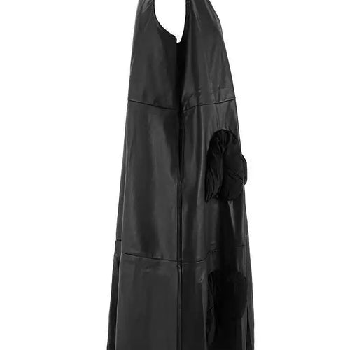 Load image into Gallery viewer, Women Black  Pu Leather Pockets Big Size Long Vest Dress New V-Neck Sleeveless Fashion Tide Spring Autumn 2025 CPG2085
