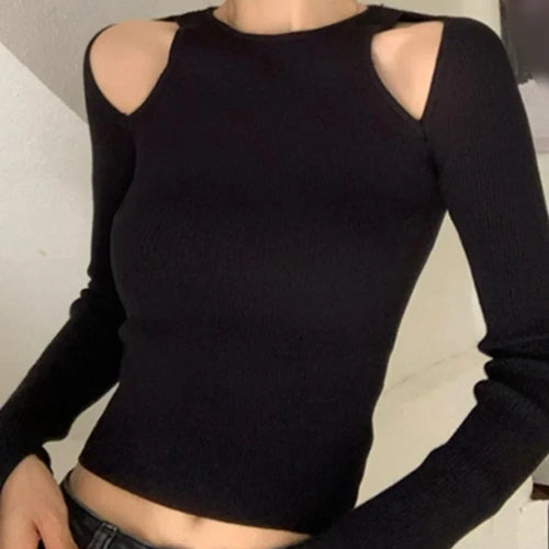 Load image into Gallery viewer, Y2k Aesthetic 2025 Spring Hollow Out T-shirts Off Shoulder Slim Long Slleeve Crop Tops Women  All Match Solid Harajuku Tees
