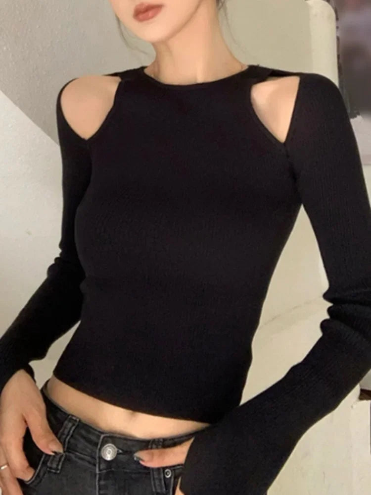 Y2k Aesthetic 2025 Spring Hollow Out T-shirts Off Shoulder Slim Long Slleeve Crop Tops Women  All Match Solid Harajuku Tees
