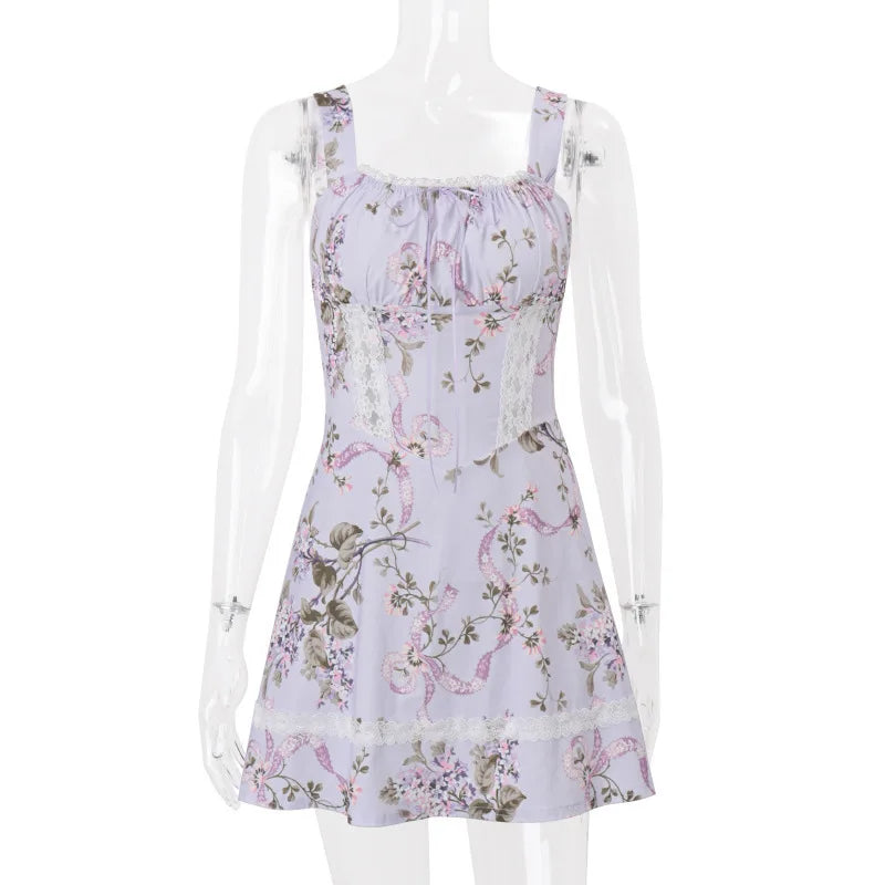 Floral Print Backless Sexy Mini Dress Women Robe Summer Fashion Square Collar Sleeveless High Waist A-line Club Dress