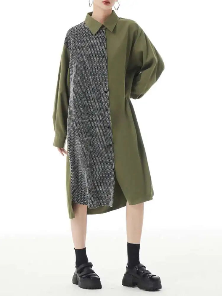 Women Black Color-block Big Size Midi Shirt Dress New Lapel Long Sleeve Loose Fit Fashion Tide Spring Autumn 2025 1DH2095