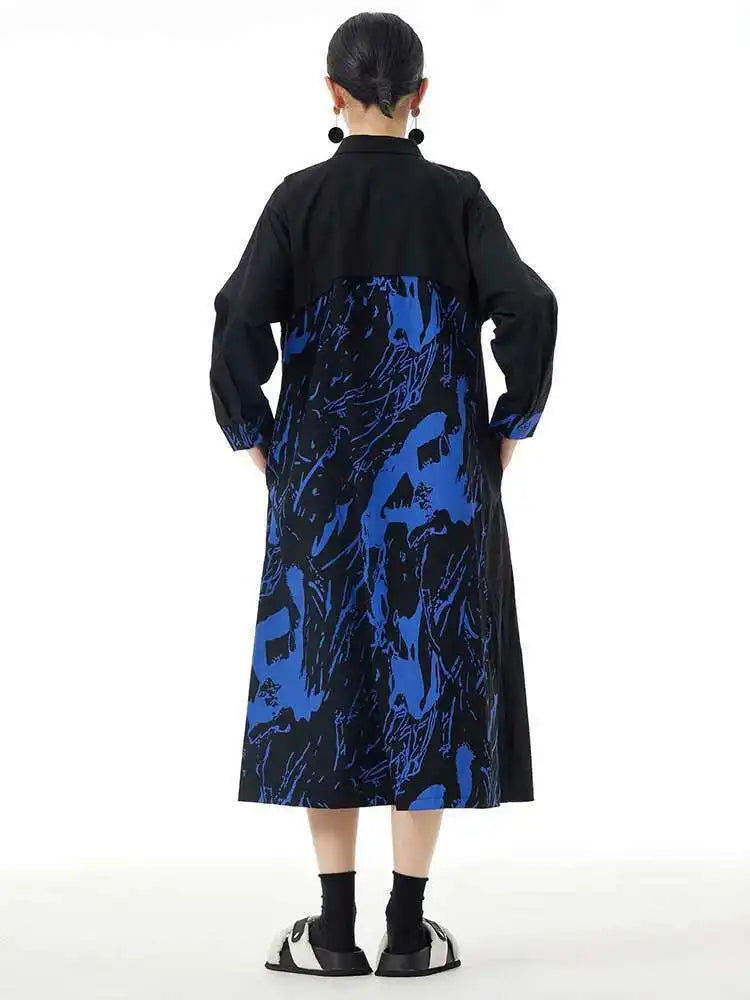 Women White Pattern Printed Big Size Casual Shirt Dress New Lapel Long Sleeve Fashion Tide Spring Autumn 2025 1DH4823