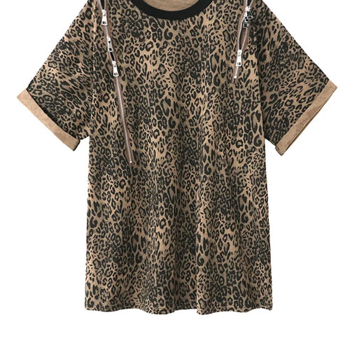 Load image into Gallery viewer, Women Leopard Print Zipper Big Size Long T-shirt New Round Neck Short Sleeve Fashion Tide Spring Summer 2025 1DJ1688
