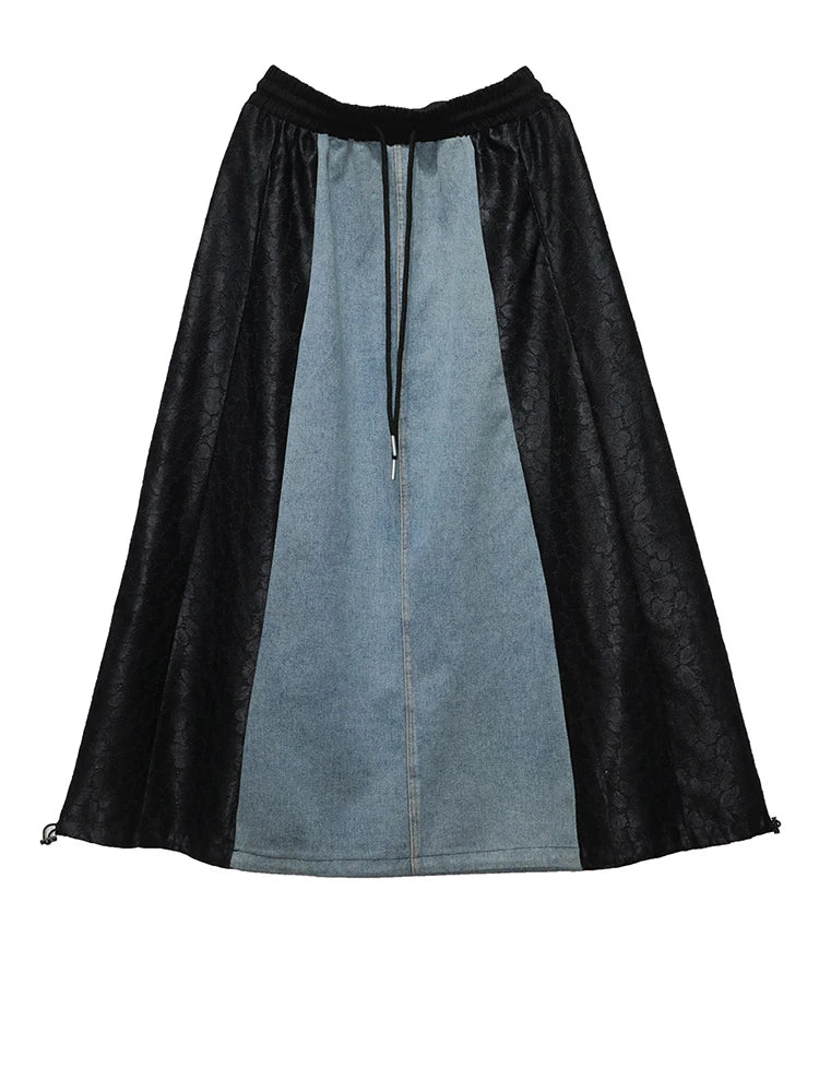 High Elastic Waist Black Lace Denim Color-block A-line Half-body Skirt Women Fashion Tide New Spring Autumn 2025 1DJ1293